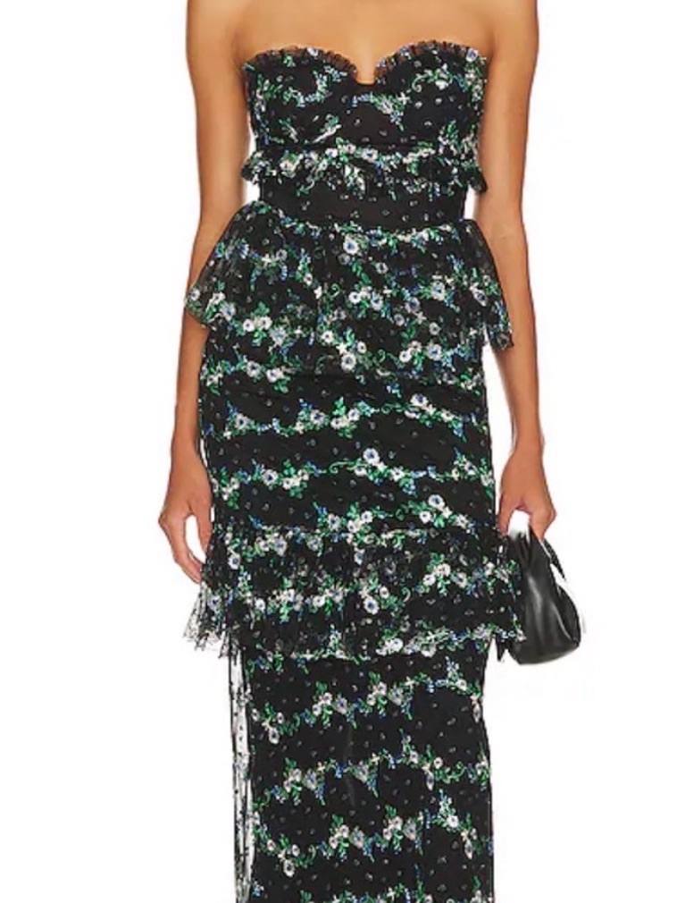 Majorelle Black Floral Strapless Ruffle Maxi Dress